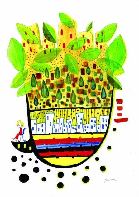 A World of Color: Exploring a Whimsical Acrylic Cityscape with Nature