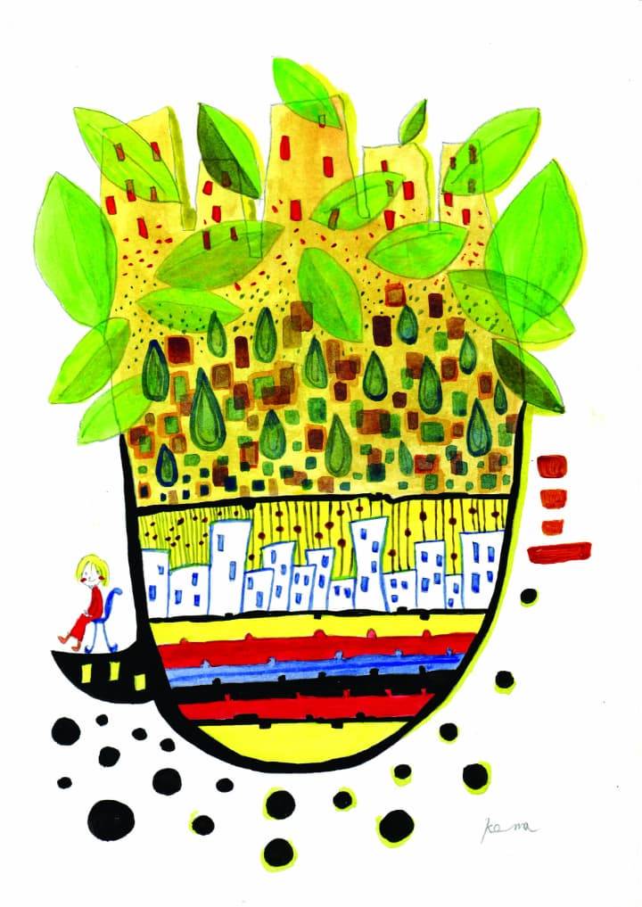 An acrylic painting featuring a large abstract shape filled with vibrant colors, small city buildings, green leaves, and geometric patterns, with a small person sitting on a chair outside the shape on the left.