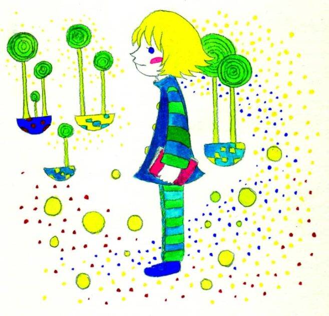 Lost in Dots and Dreams: A Whimsical Acrylic Portrait with Floating Gardens