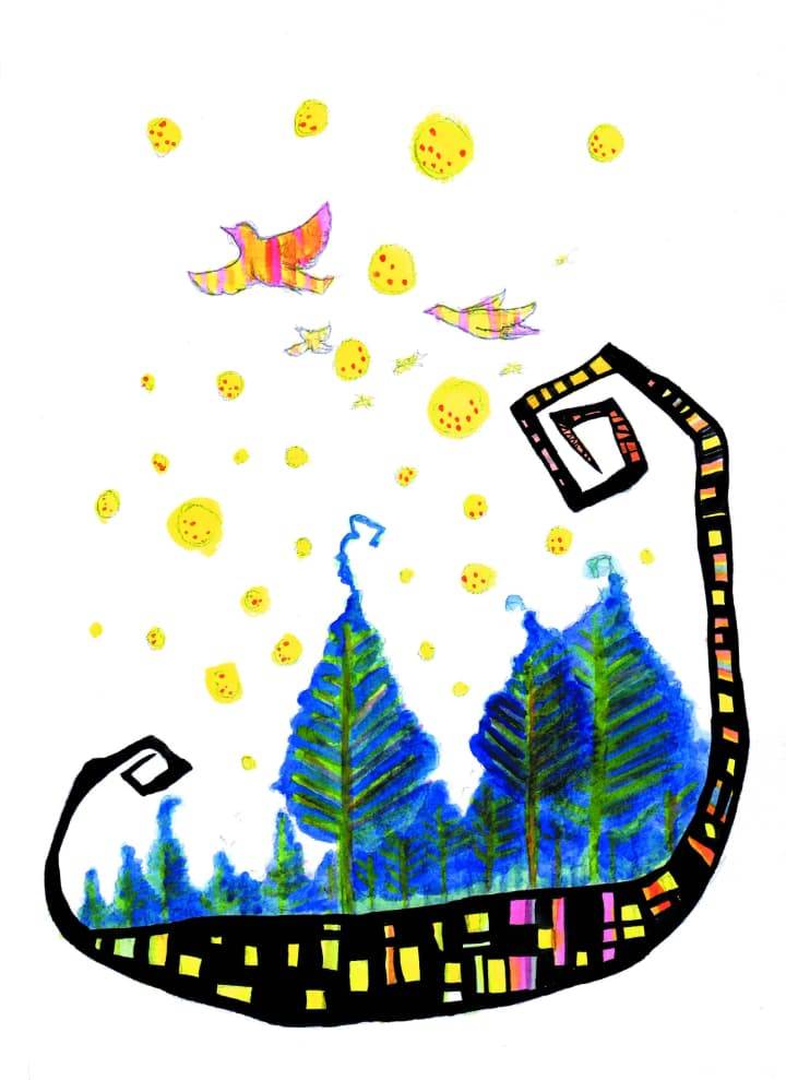 An acrylic painting depicting a forest of blue trees enclosed within a swirling black shape adorned with colorful rectangles, set against a white background scattered with yellow circles and red dots, and several vibrant birds flying above.