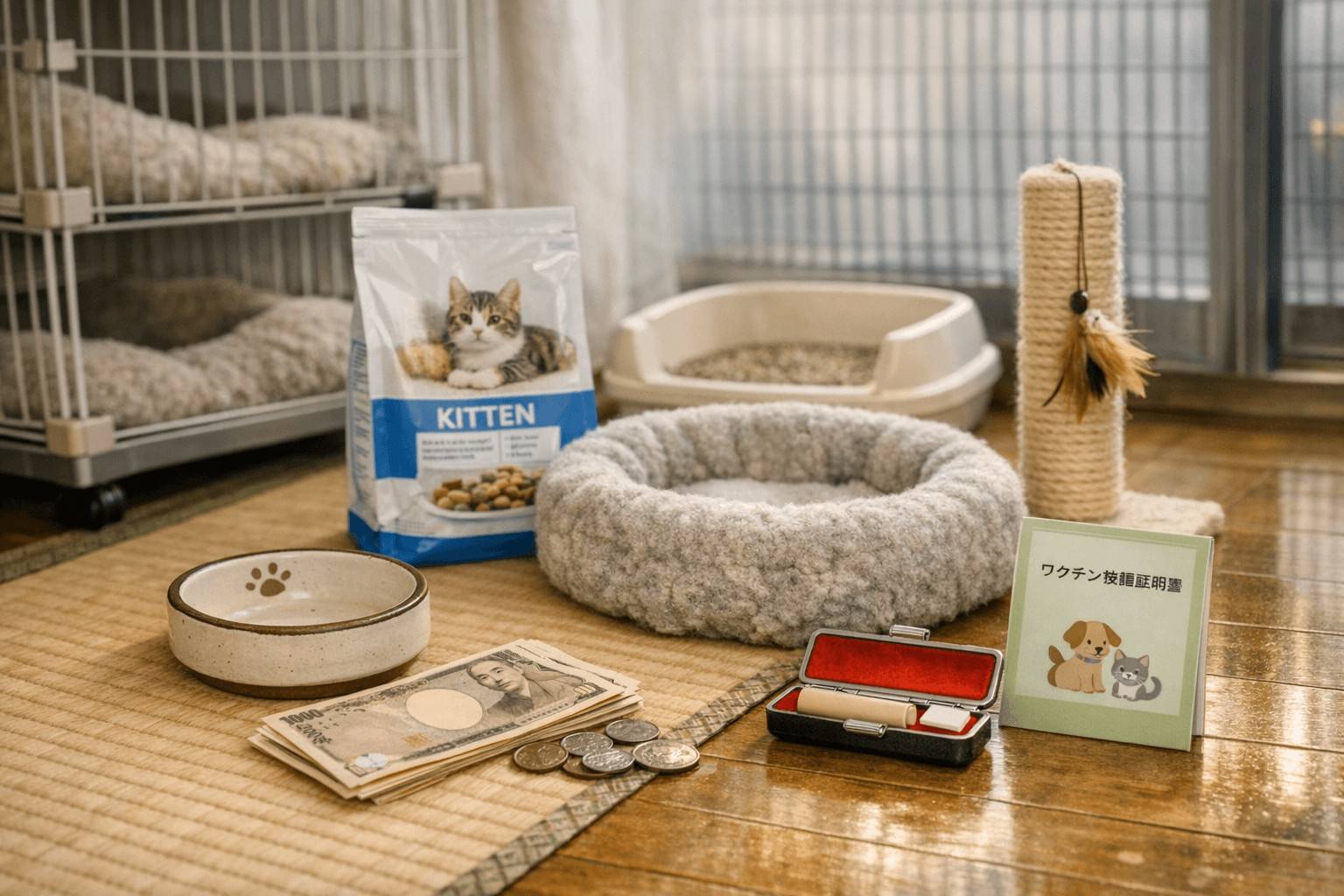 畳の上に用意された保護猫の飼育用品（3段ケージ、猫砂、子猫用フード、爪とぎ）と、譲渡費用の目安となる3〜6万円の日本円札束。
